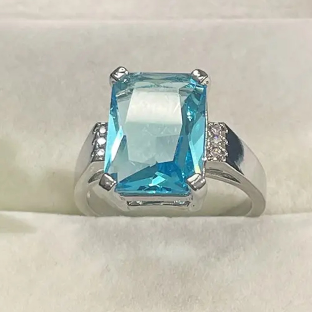 Tiffany’s Blue Silver 925 Ring radiant cut blue solitaire Wedding Party Gift